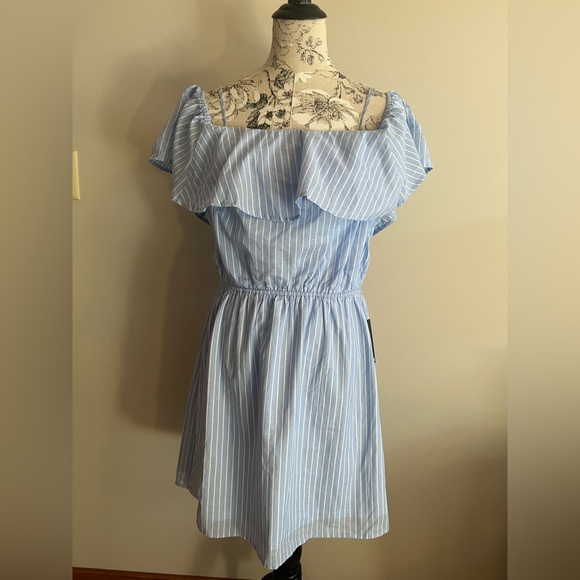 Express Dresses & Skirts - Express Light Blue White Stripe Off The Shoulder Ruffle Top Sun Dress Size Large